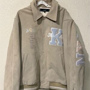 DESIGNER KITH NY TO THE WORLD BEIGE SUEDE EMBROIDERED BOMBER JACKET SIZE XL